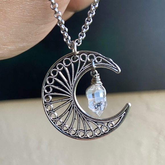 Crystal moon necklace . Boho Genuine herkimer diamond quartz crecent moon charm - Picture 10 of 14